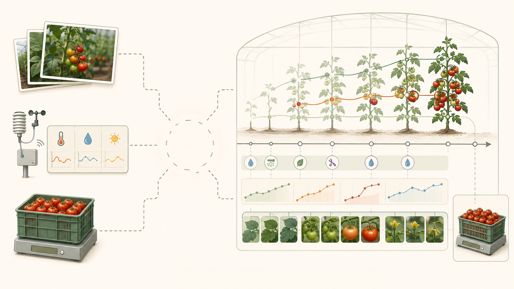Today's data is fragmented: separate RGB photos, climate-sensor readings and harvested totals on a scale, with no link between them. What is missing is the connected record: the same crop tracked through time with its interventions, organ-level changes and final outcome.