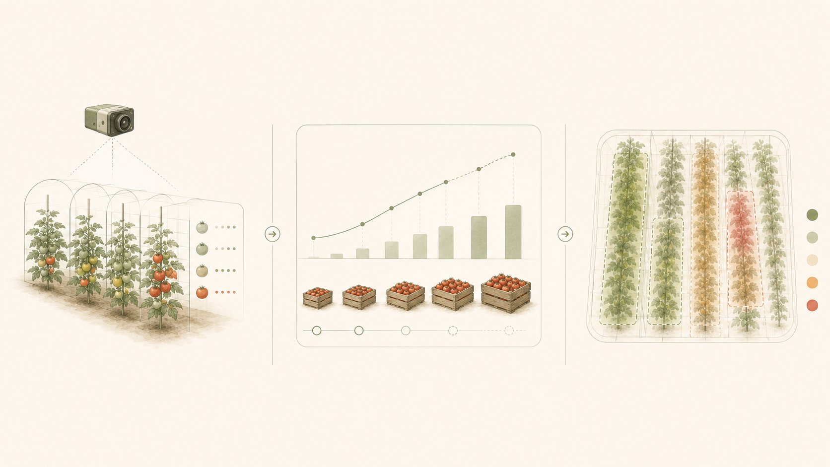 Camera capture of greenhouse tomato rows feeding a weekly harvestable-kilograms forecast and a per-zone maturity map.