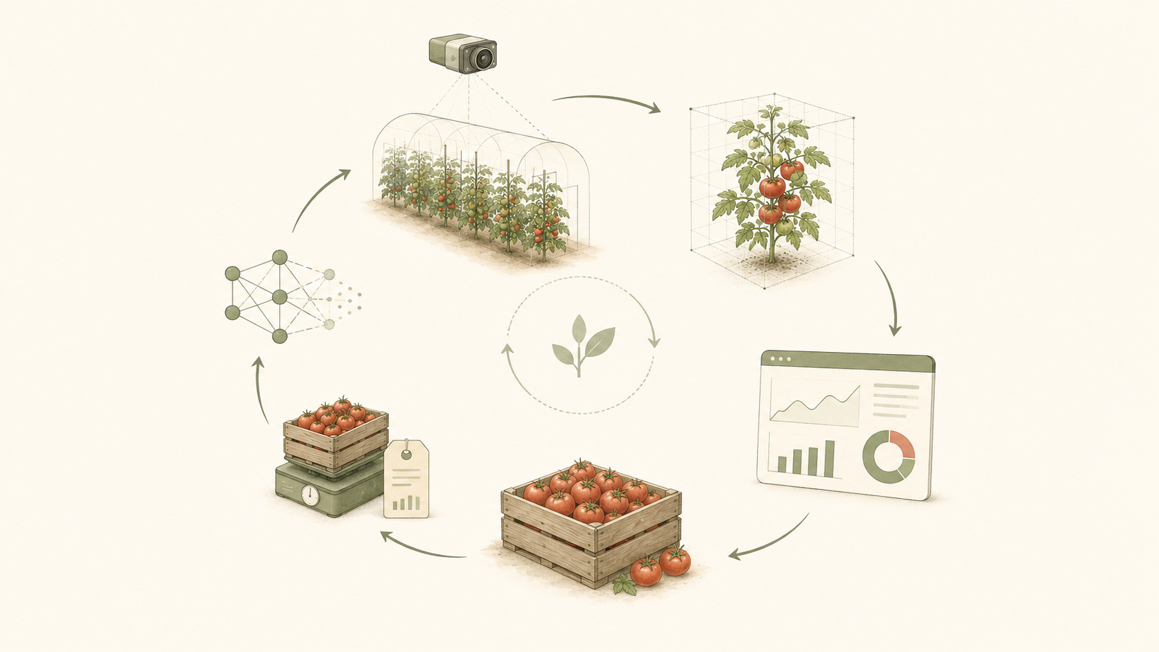 The data flywheel: capture crop state, estimate load, forecast, harvest, weigh and grade as ground truth, retrain the predictive model, and repeat.