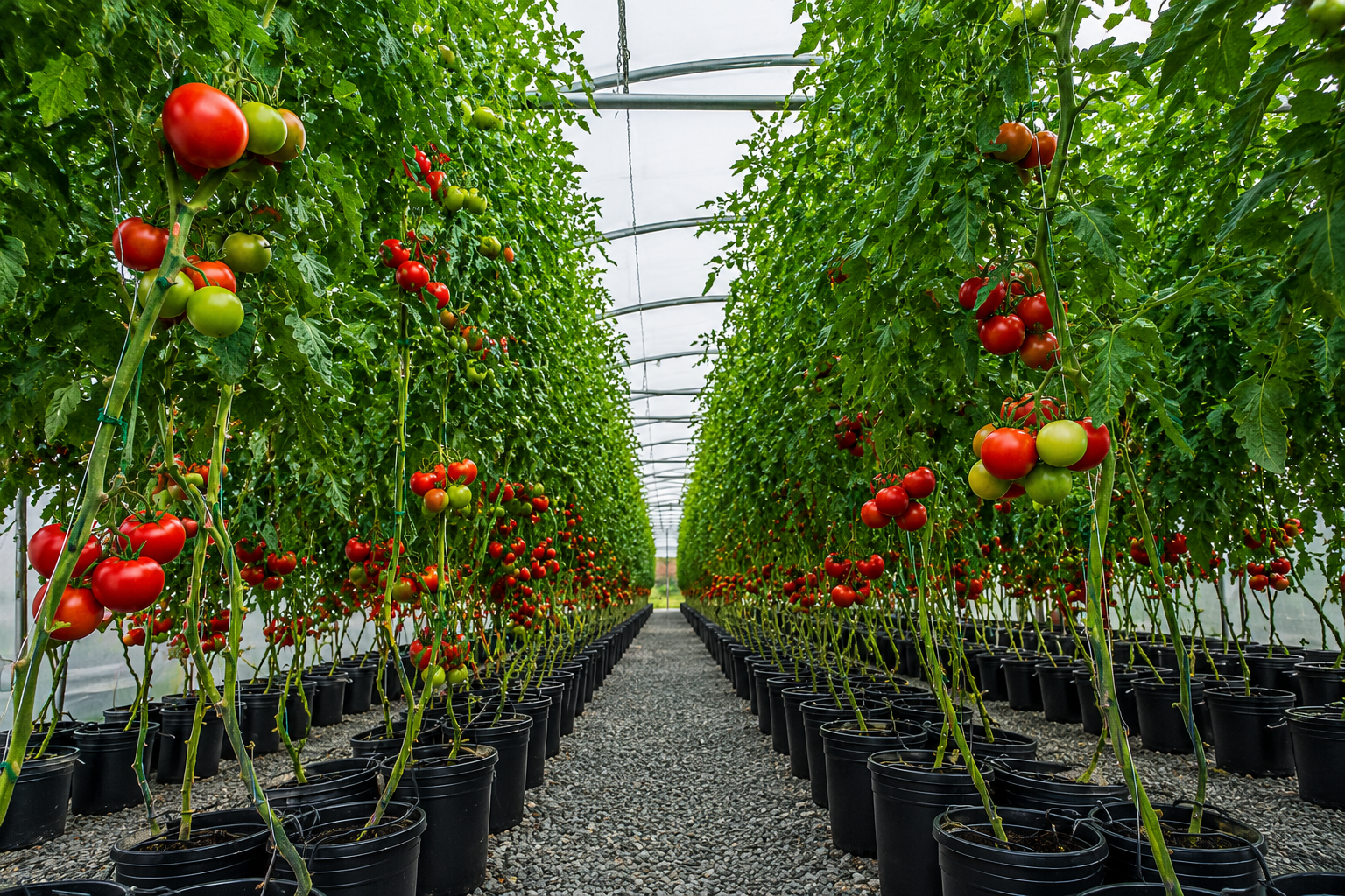 Indeterminate greenhouse tomato: trusses of fruit at mixed maturity along a vertically trained vine.